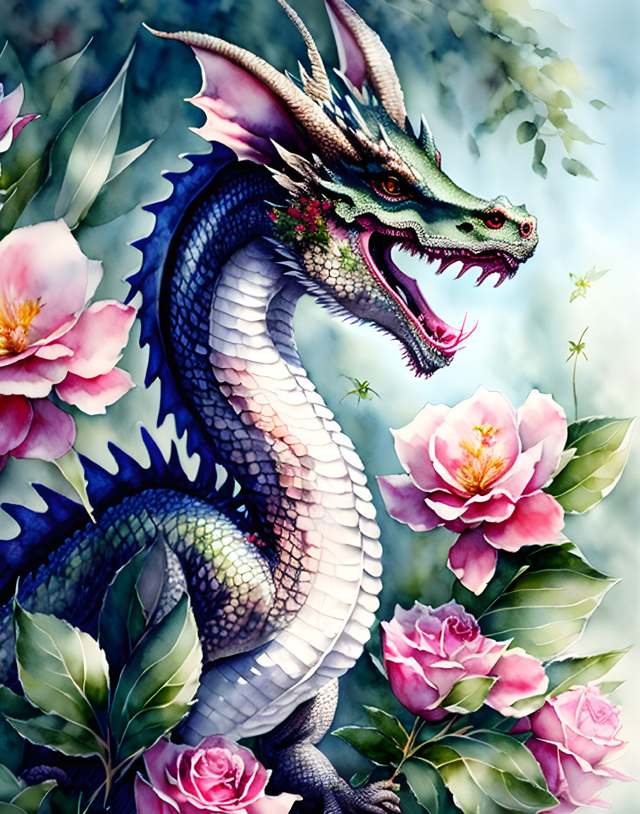 Majestic green dragon among pink flowers and lush foliage