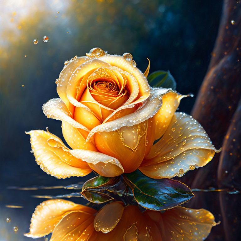 Vibrant yellow rose with dewdrops on petals reflecting on water surface