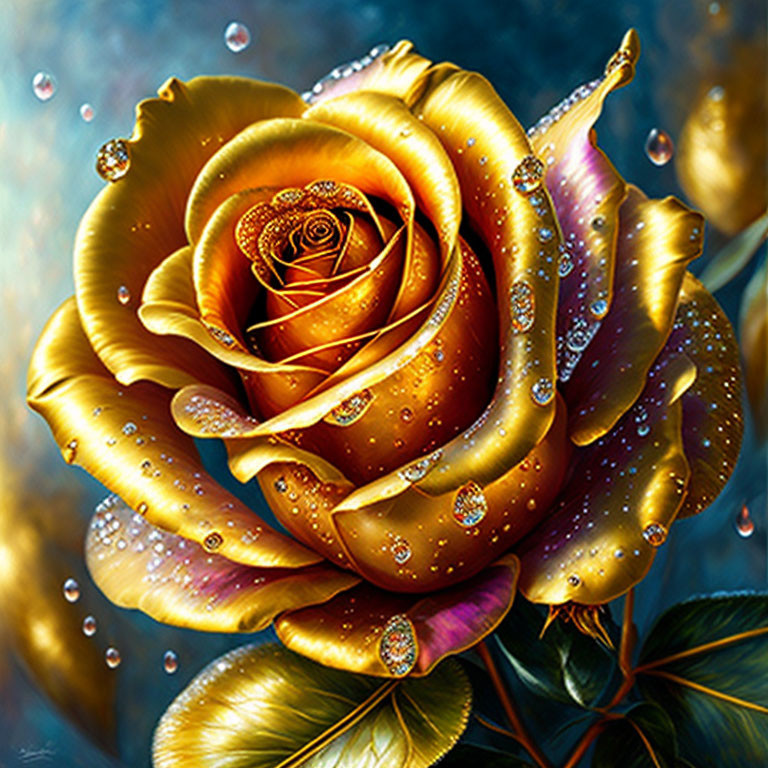 Golden rose digital artwork with water droplets on dark background