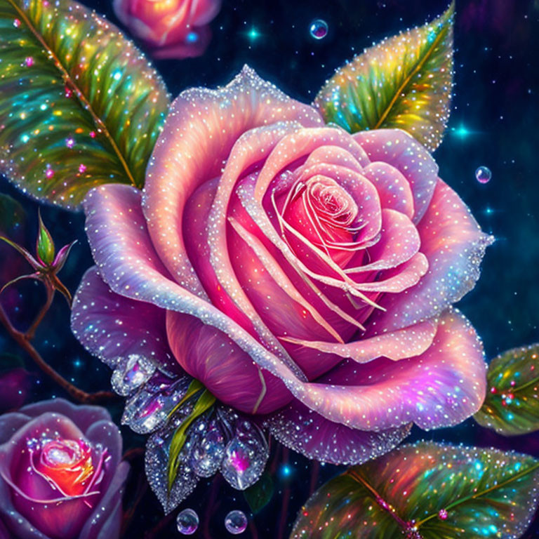 Luminous Pink Rose with Glowing Edges on Cosmic Background