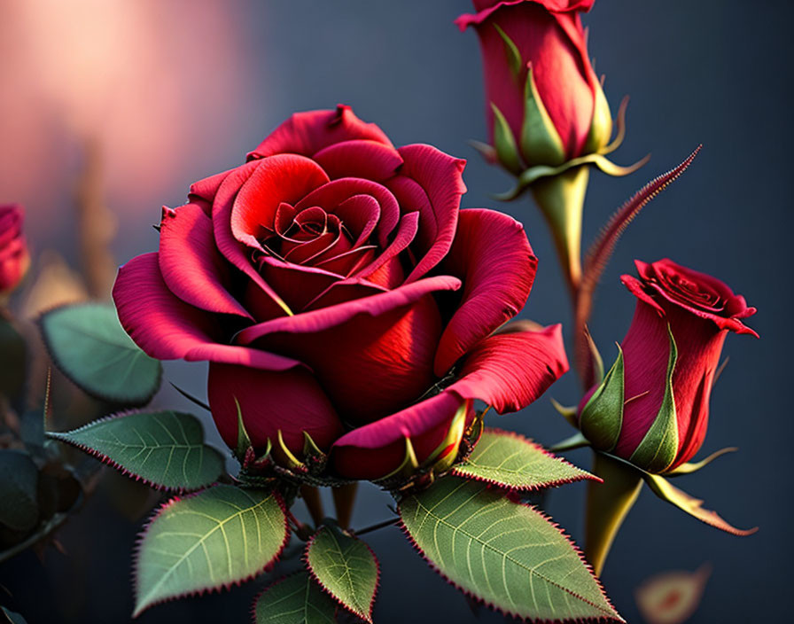 Red Rose in Full Bloom with Buds, Thorns, and Green Leaves