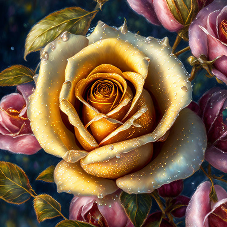 Close-up of Golden Yellow Rose with Dew Drops Surrounded by Soft-focus Purple Roses on Dark Background