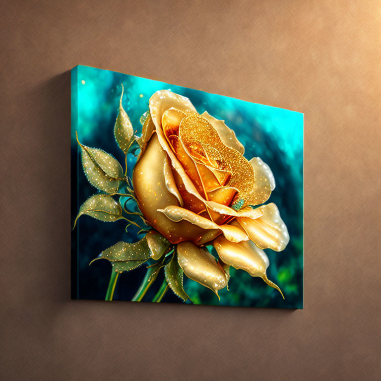 Golden Rose with Dewdrops in Vibrant Digital Artwork on Wall