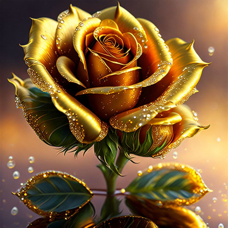 Golden Rose with Sparkling Dewdrops on Bokeh Background