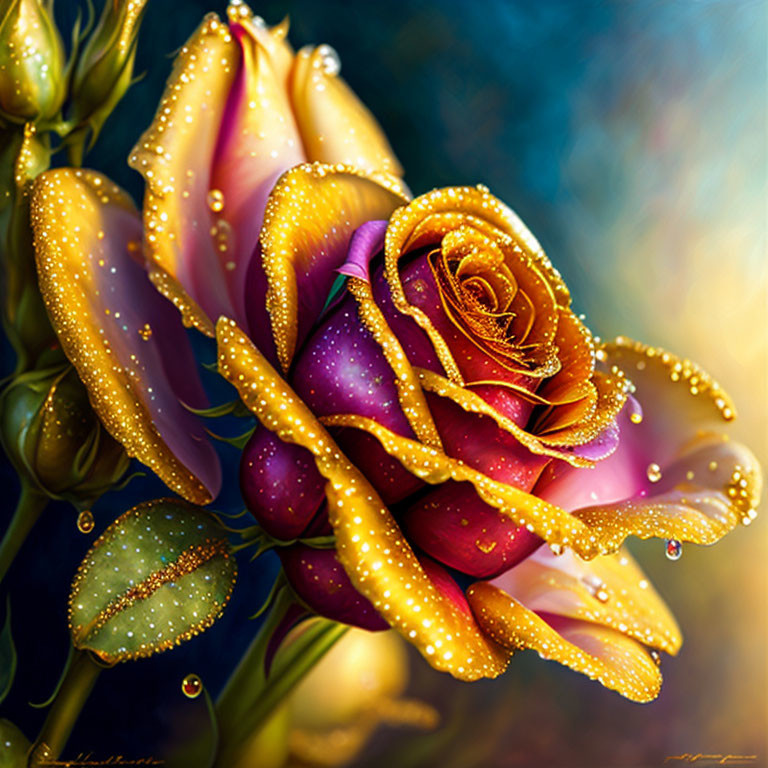 Colorful digital painting of a rose with purple and gold hues and sparkling water droplets.