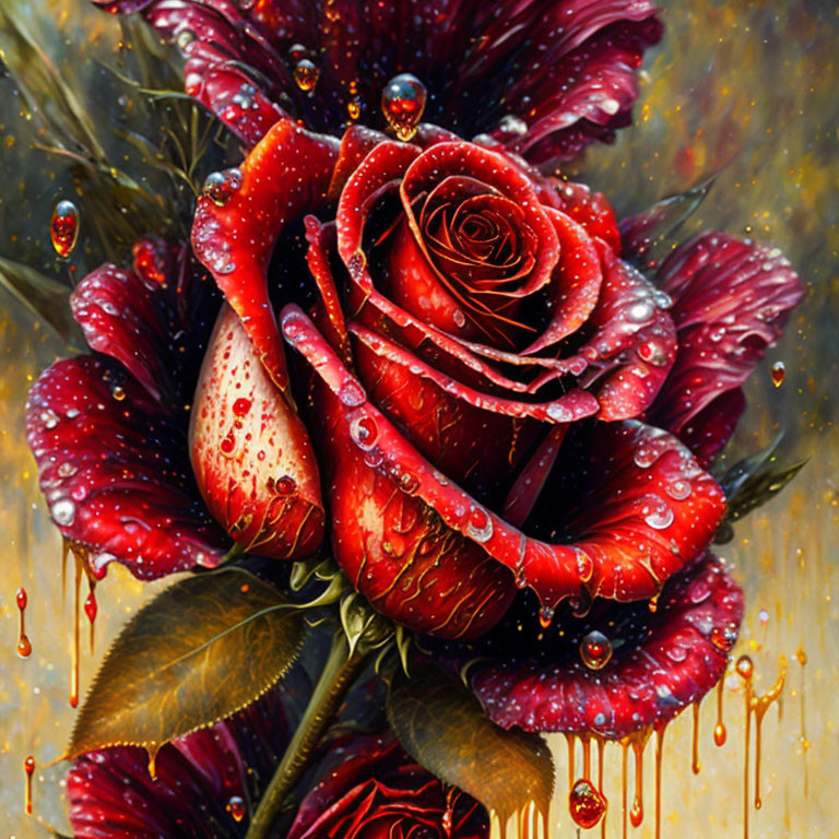 Realistic red rose painting with water droplets and textured petals