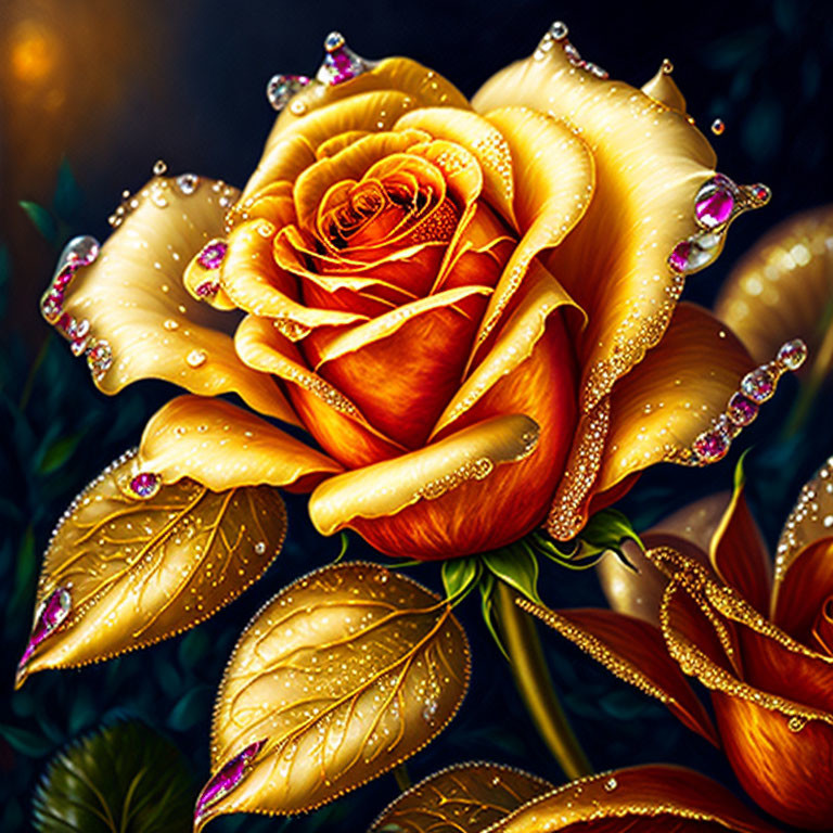 Golden Rose Illustration with Droplets on Petals on Dark Background