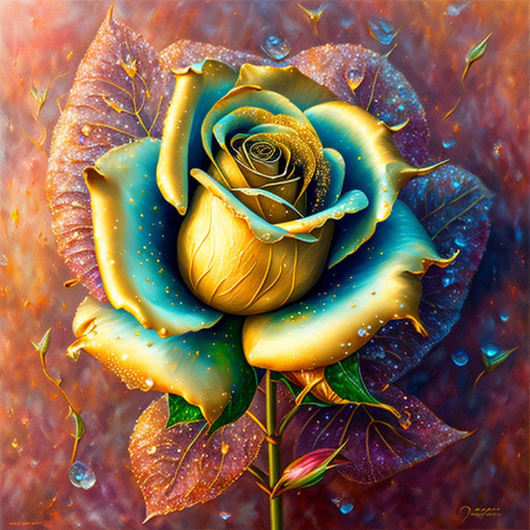 Gold and Teal Rose Digital Artwork with Dew Drops on Warm Textured Background