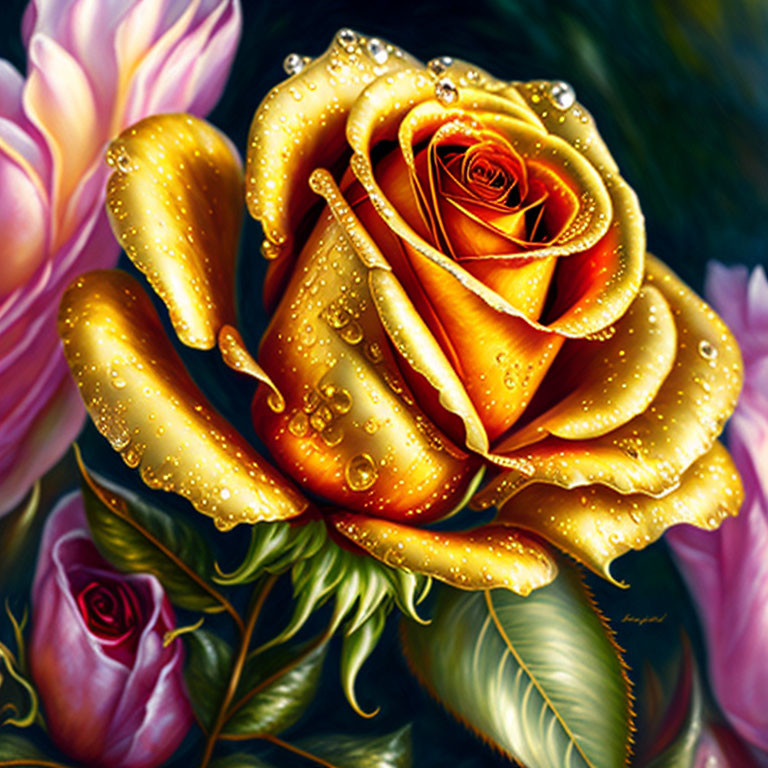 Detailed Painting of Dew-Speckled Golden Rose and Surrounding Flora