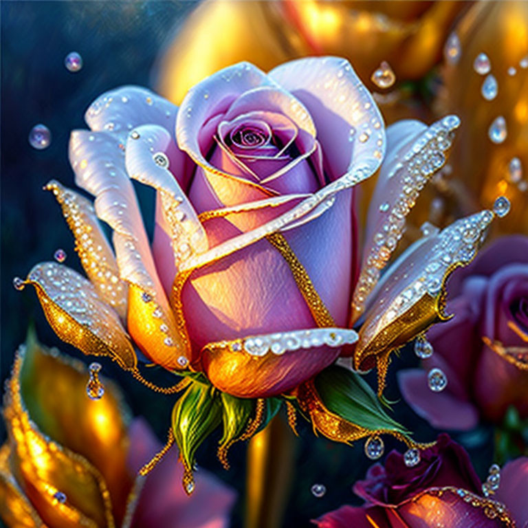 Close-Up: Dew-Speckled Pink Rose in Warm Sunlight