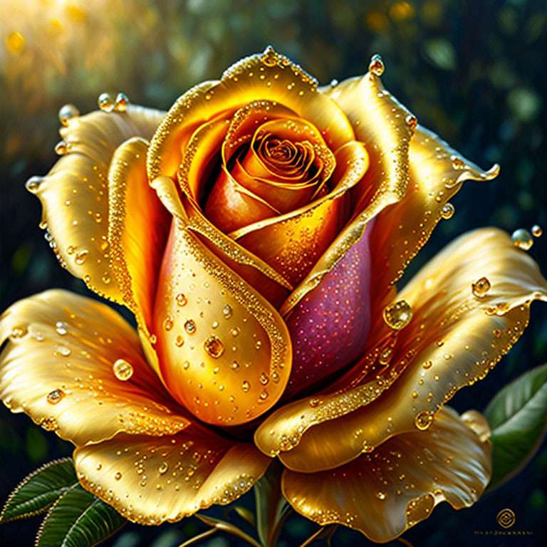 Colorful digital artwork: Yellow and pink rose with dewdrops on petals