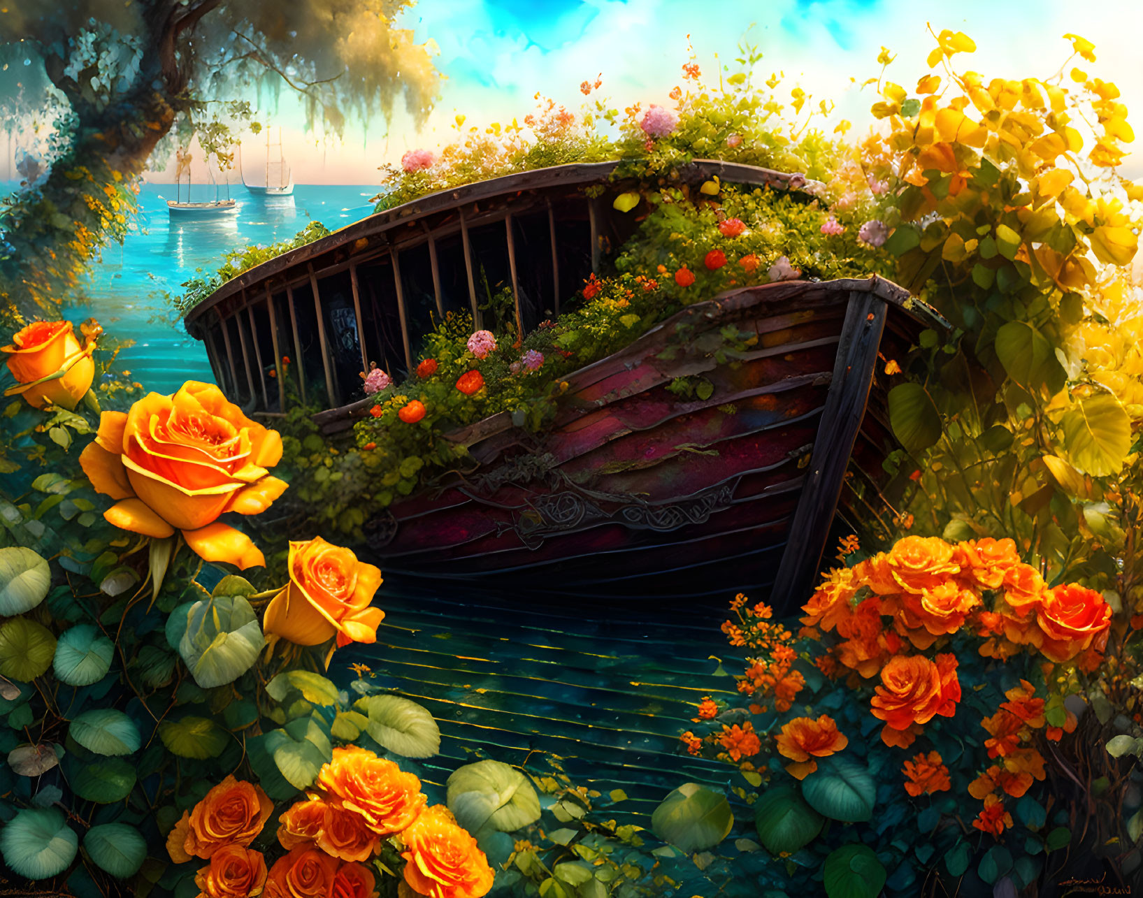 Weathered rowboat adorned with flowers by serene water body