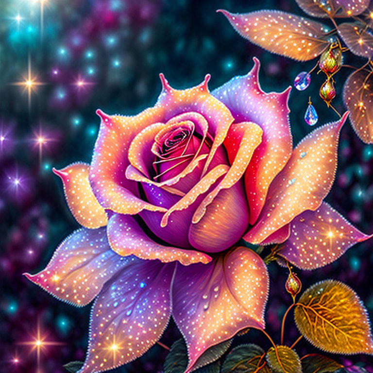 Colorful digital artwork: Pink and purple rose with dew drops in cosmic setting