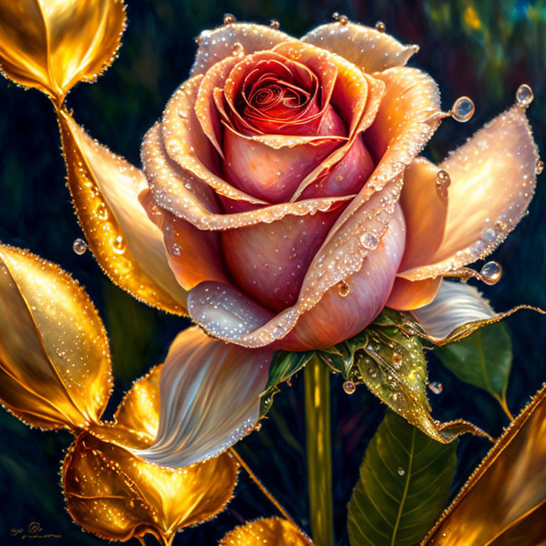 Peach-Colored Rose with Dewdrops and Golden Leaves on Dark Background