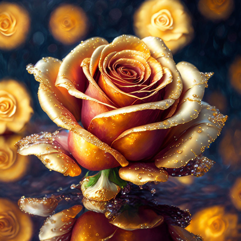 Shimmering gold and pink rose with water droplets on bokeh background