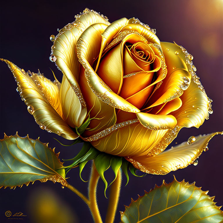 Golden rose illustration with shimmering effect and dew drops on dark background