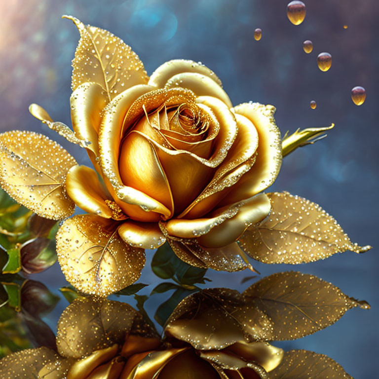 Golden Rose with Dewdrops on Blurred Blue Background