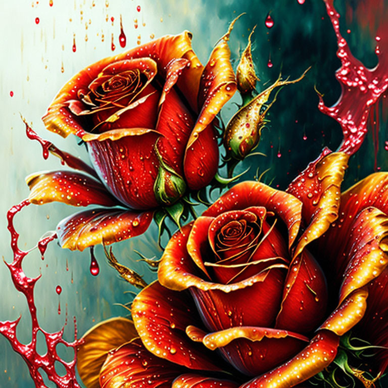 Red roses with droplets on turquoise background: surreal contrast