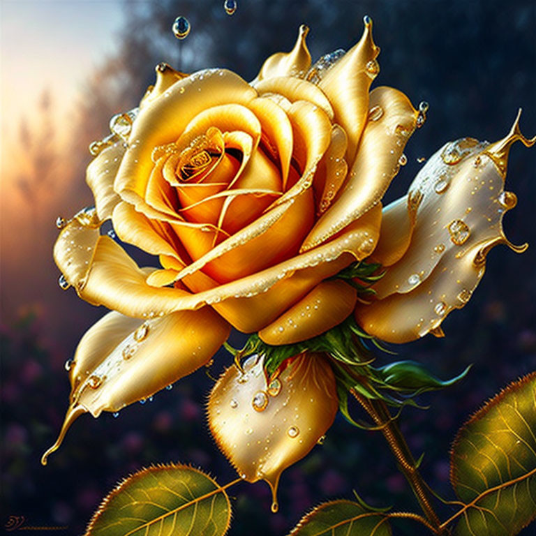 Vibrant Yellow Rose with Water Droplets Against Blurred Nature Background