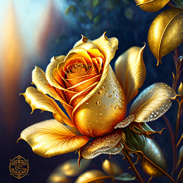 Golden rose with dewdrops on dark background and warm glow