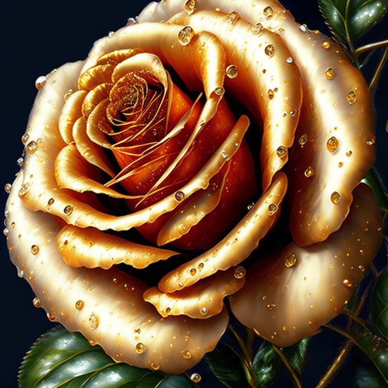 Digitally Enhanced Golden Rose with Sparkling Water Droplets