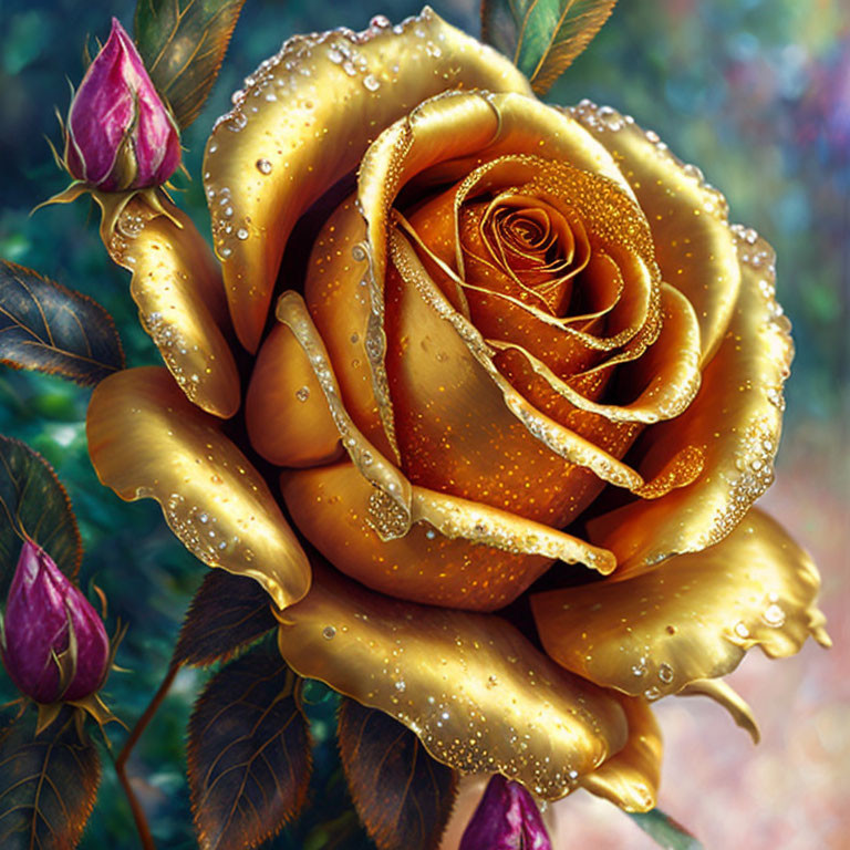 Vivid Gold Rose with Dewdrops and Unopened Buds in Natural Setting