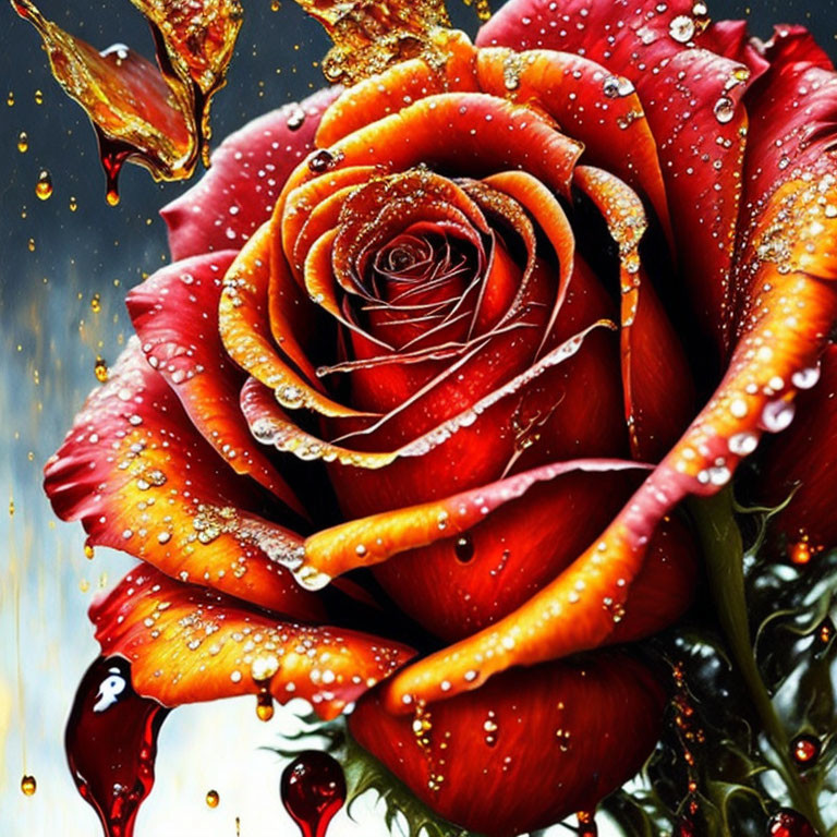 Red rose with water droplets on dark background.