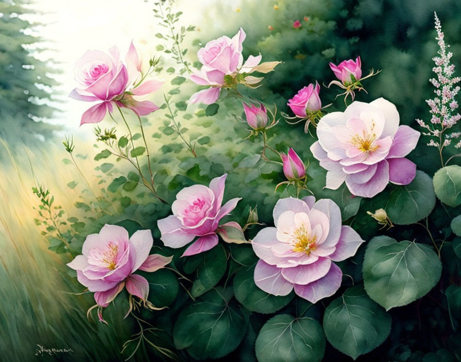 Delicate pink roses and green leaves on soft background.