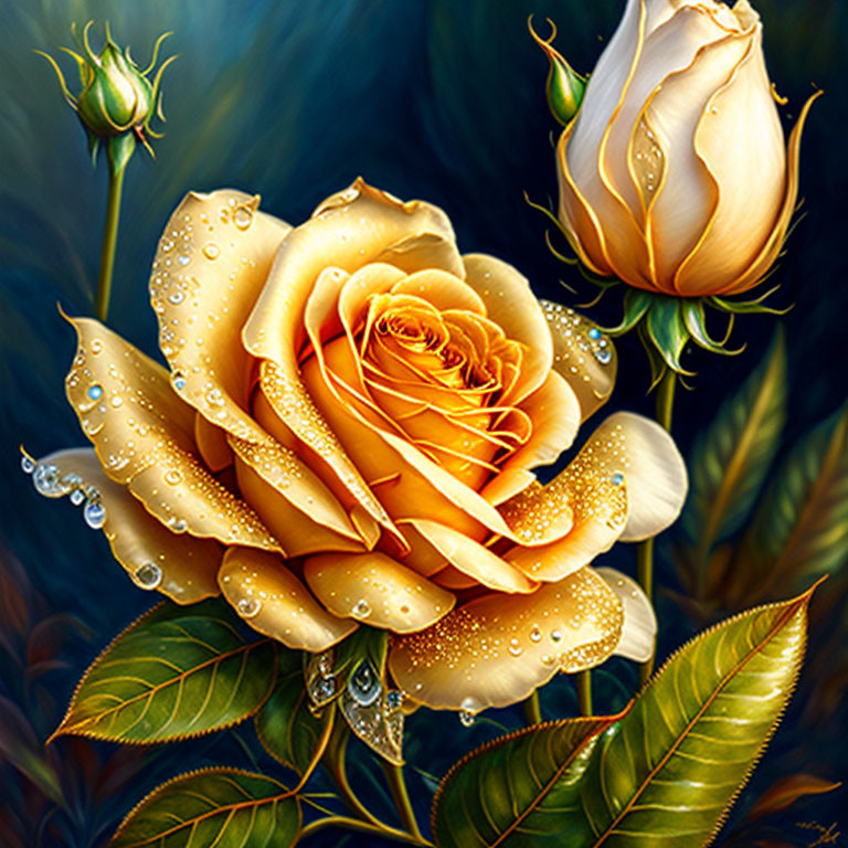 Digital painting of dew-covered golden-yellow rose on dark blue background