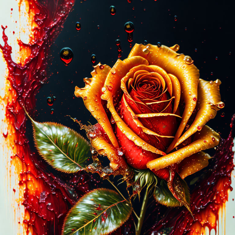 Vibrant orange rose with water droplets and red splashes on dark background