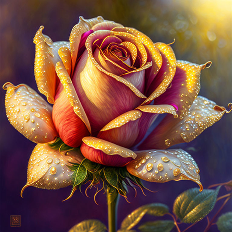 Colorful digital painting of a rose with dewdrops on pink and yellow petals against a dark bokeh