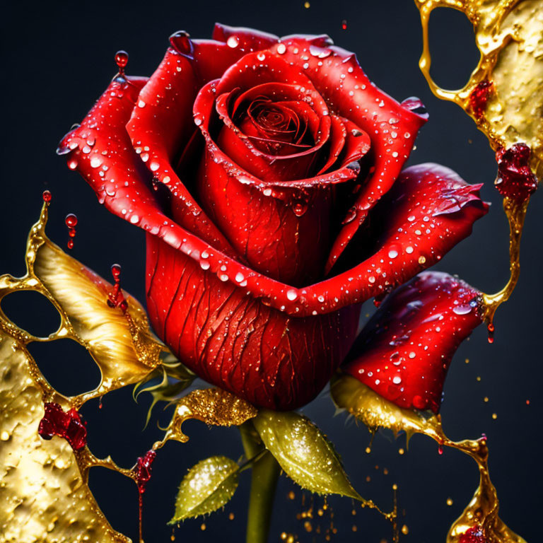 Vibrant red rose with dew drops on dark background and golden liquid splashing