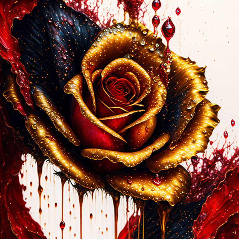 Red and Gold Rose with Droplets on Splattered Paint Background