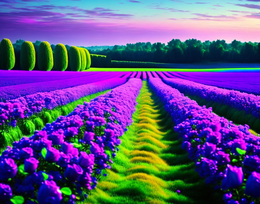 Lavender Fields with Purple Rows and Sunset Sky