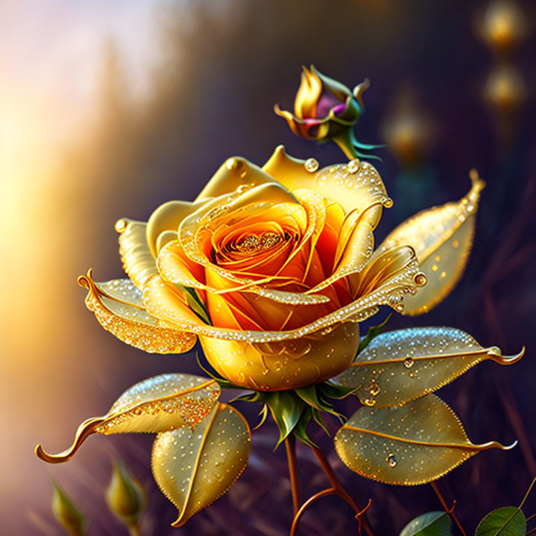 Golden yellow rose with dewdrops in warm light on soft background