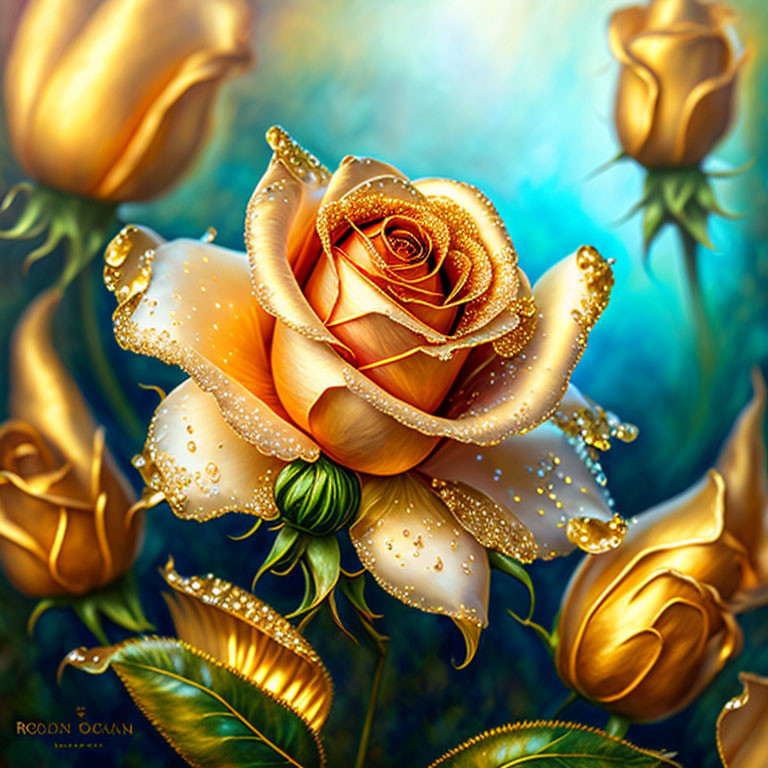 Dew-covered golden rose with luminous glow on blue background