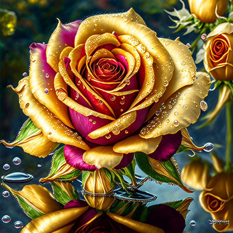 Colorful digital artwork: Rose with yellow and magenta petals and water droplets on blurred background.