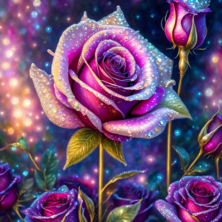 Vibrant Purple Rose with Dewdrops on Cosmic Background