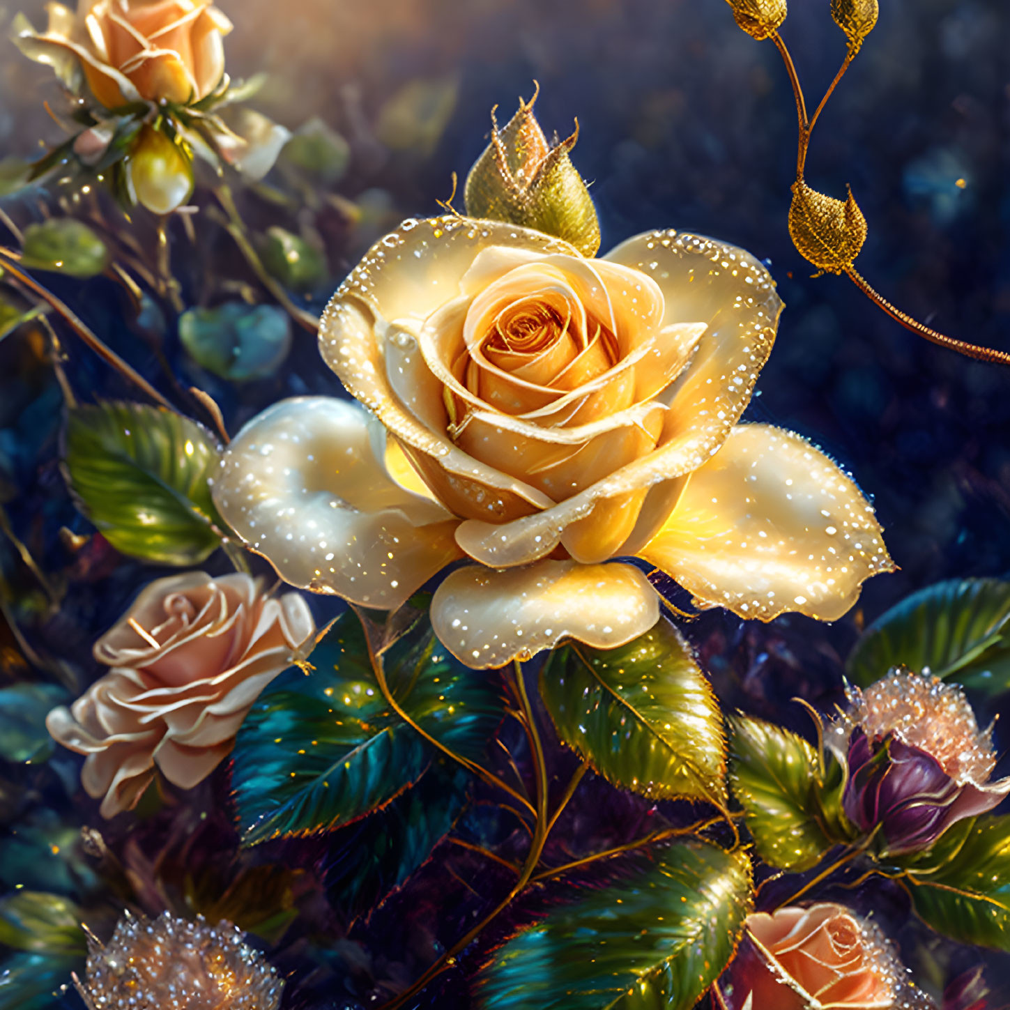 Golden Rose with Dewdrops Surrounded by Foliage and Roses