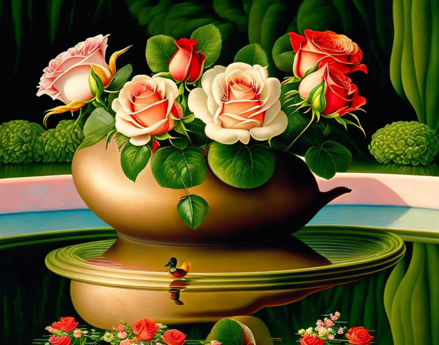 Surreal painting: Golden teapot & roses on dark background