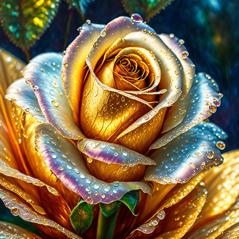 Golden rose digital painting on dark textured background with dewdrops - blue and green hues