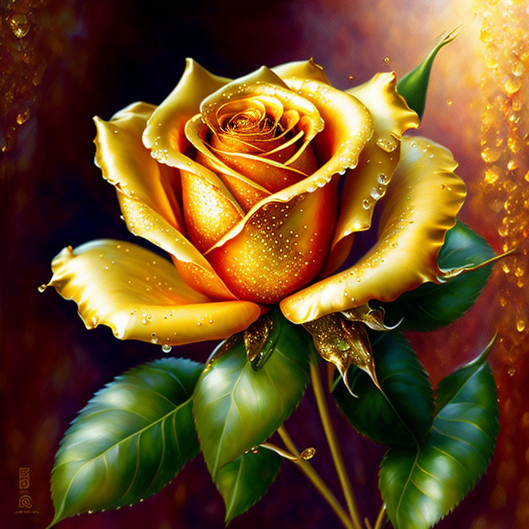 Yellow rose with dewdrops on petals against warm bokeh background