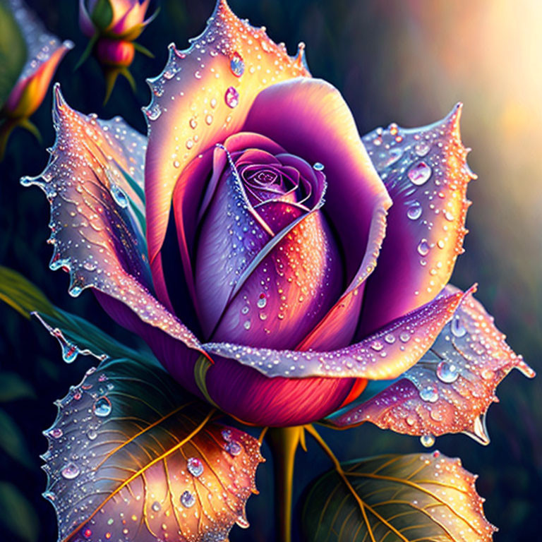 Colorful Dew-Kissed Rose Illustration in Purple and Pink Hues