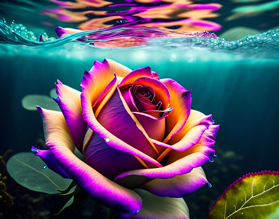 Pink and Yellow Rose Submerged in Clear Water with Bubbles and Light Reflection