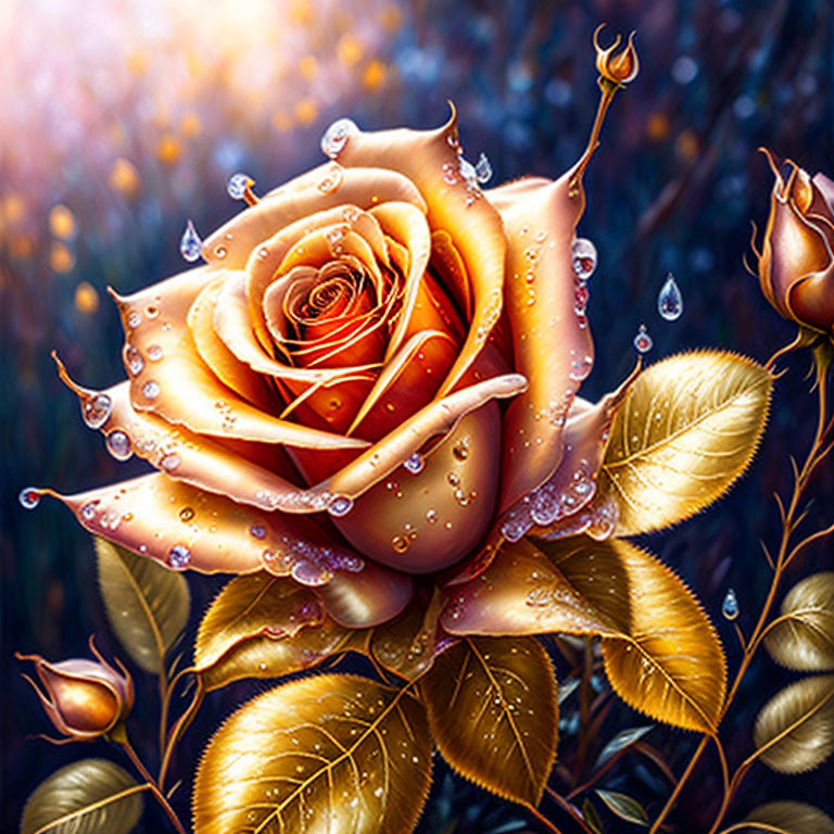 Golden rose with water droplets on petals in mystical blue background