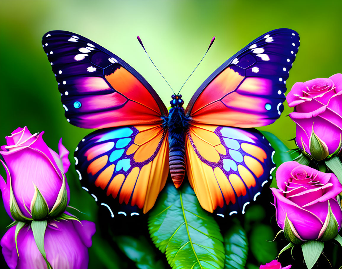 Colorful Butterfly Resting on Green Leaves with Pink Roses