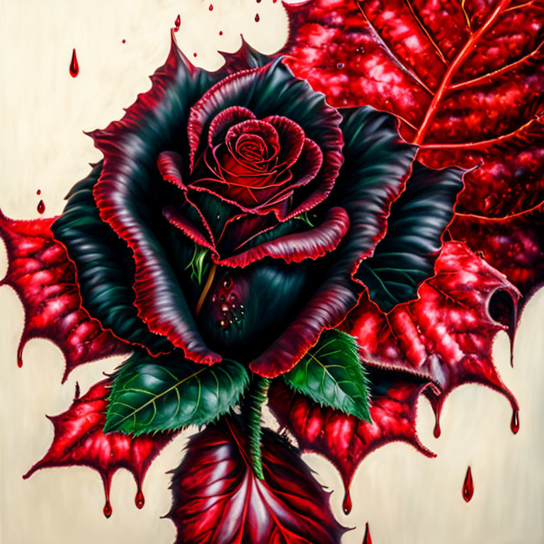 Gothic artwork of a dark red rose with blood-like droplets on crimson background