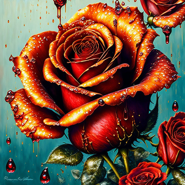 Digital Art: Hyper-realistic Red Roses with Dew Drops on Turquoise Background