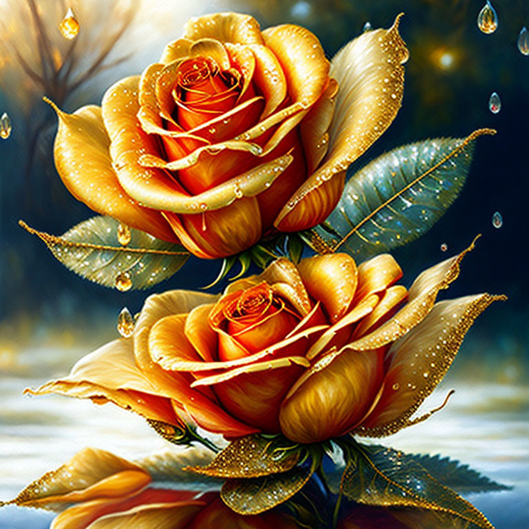 Vibrant Orange Roses with Dew-Kissed Appearance on Soft Bokeh Background