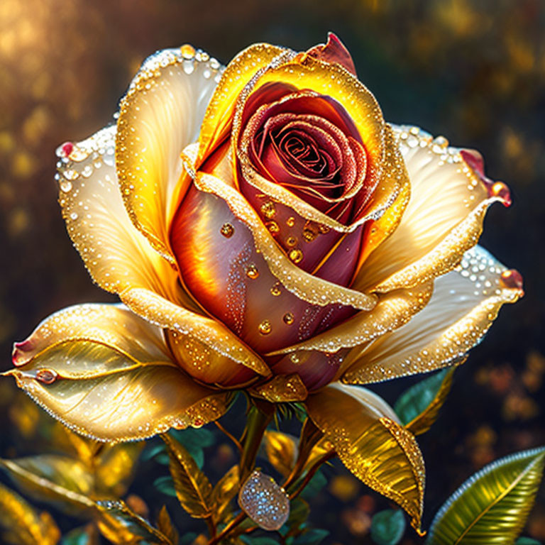 Digitally enhanced rose with white to deep red gradient and dewdrops on golden background